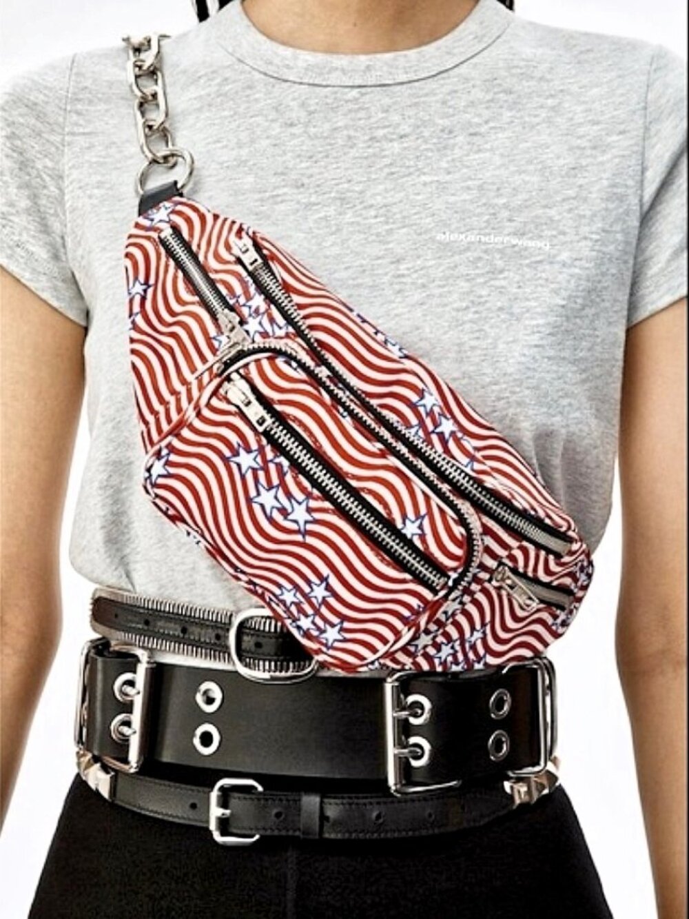 ALEXANDER WANG Attica Mini Fanny Crossbody Stars Stripes Nylon Bag Red Black